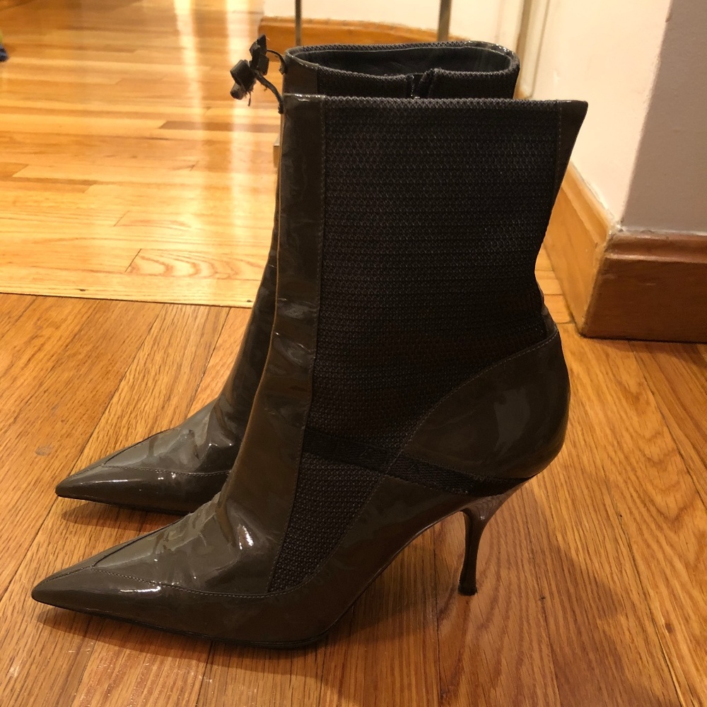 Prada Army Green Patent Leather Booties